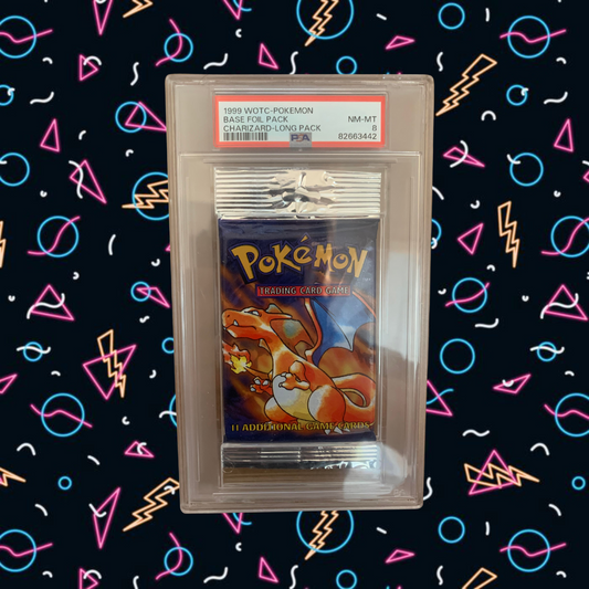 Charizard Pokémon Base Set Booster Pack - Long Crimp - 1999 - PSA 8 - Sealed